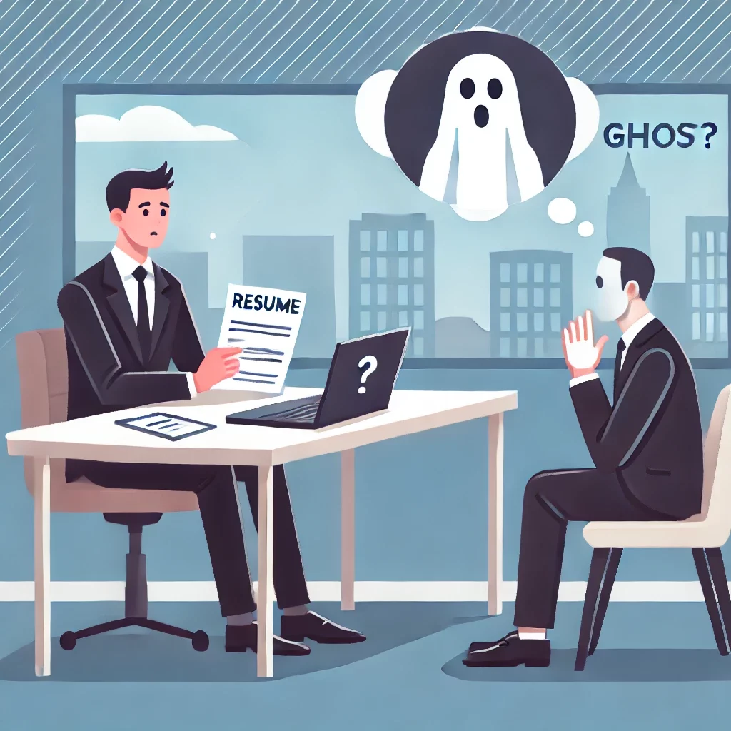dall·e 2025 02 06 11.21.20 an illustration of a job interview scene where a recruiter is waiting at a desk with a resume in hand, looking at an empty chair. a thought bubble abo