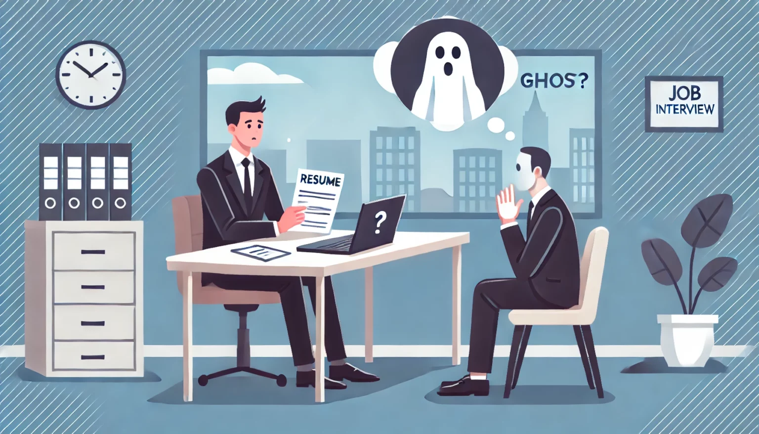 dall·e 2025 02 06 11.21.20 an illustration of a job interview scene where a recruiter is waiting at a desk with a resume in hand, looking at an empty chair. a thought bubble abo